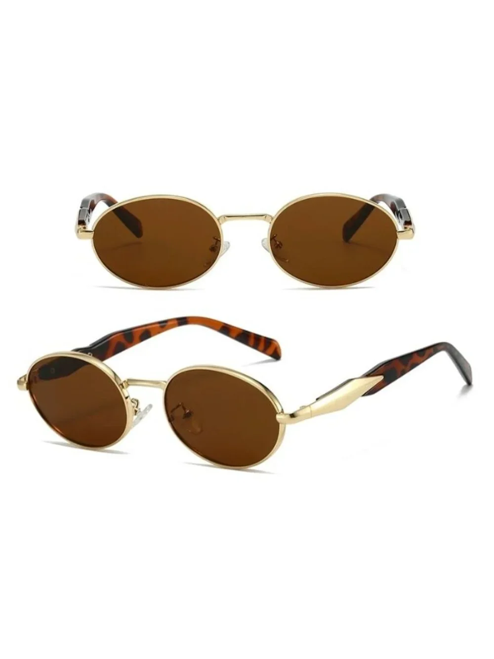 Unisex Oval Gold Frame Sunglasses With Brown Tea Lenses & Black Arms